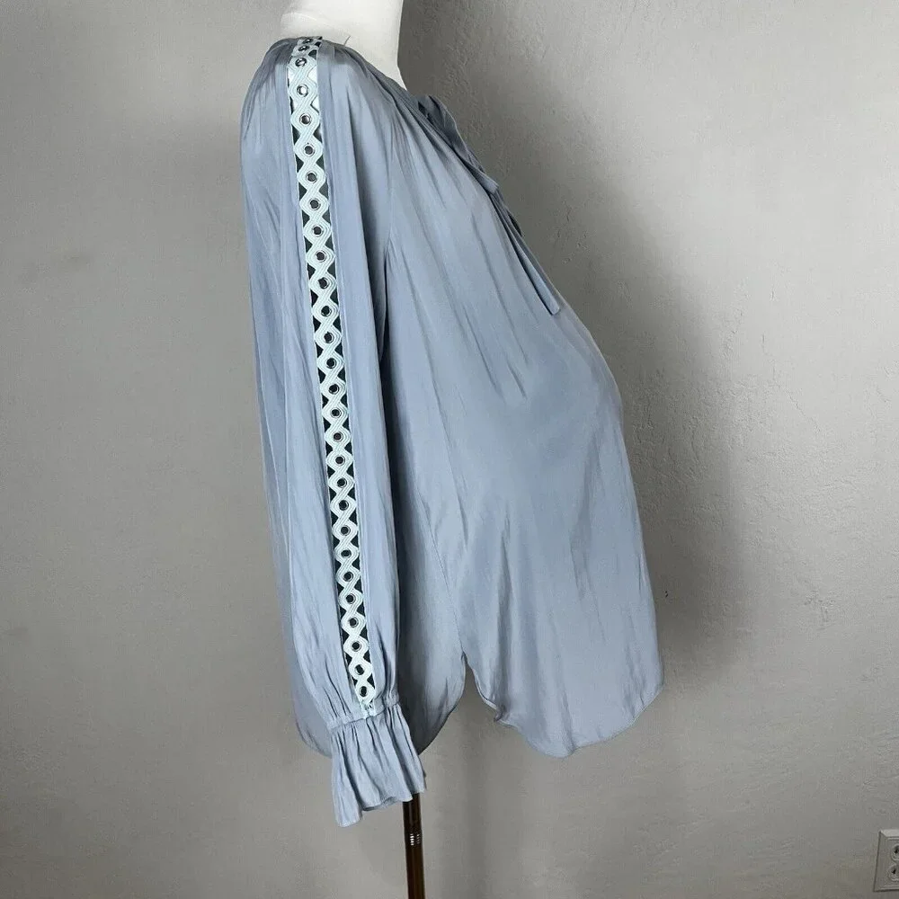 Ramy Brook‎ Maternity Blouse Peasant Cut Out Grommet Long Sleeve Pale Blue Small